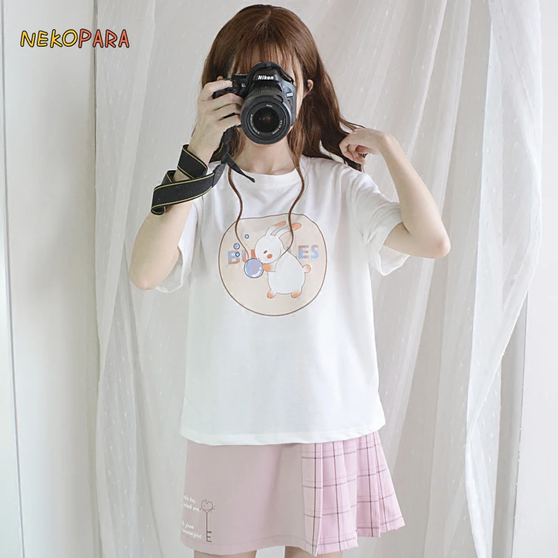 

Bubble Rabbit Grils Women's Summer Short Sleeve T-shirt Loose Casual Tee Tops White & Pink Cute