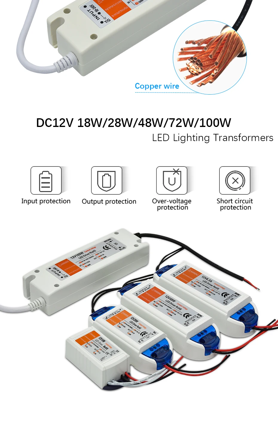 1 шт. DC12V Питание светодиодный драйвер 18 Вт/28 Вт/48 Вт/72 Вт/100 W адаптер Освещение трансформаторный блок для Светодиодные ленты потолочный светильник