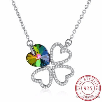 

LEKANI Four Leaf Clover Necklaces Pendant Heart Crystal 925 sterling silver Vintage Fine Jewelry For Women