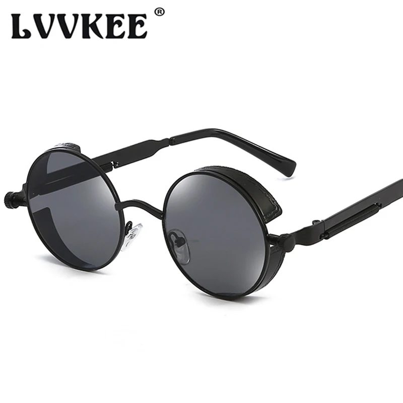 LVVKEE Metal Gothic Steampunk Round Sunglasses For Men Women Brand Designer Vintage Sun Glasses Mirrored UV400 Eyewear Shades