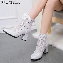 High Quality Women Boots Genuine Leather Ankle Boots Lace Summer Boots Zapatos Chaussures Femme Square High Heel Women Shoes