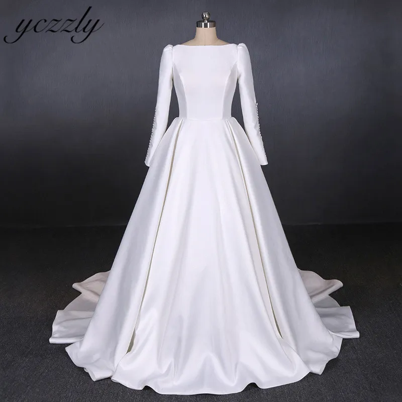 

Vestido De Noiva 2019 Vintage Boat Neck Ball Gown Muslim Wedding Dress Long Sleeves Backless Soft Satin Wedding Gown Bride Dress