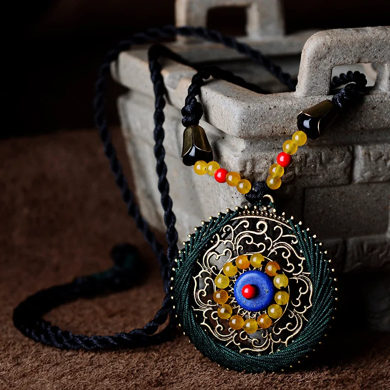 Винтажное Длинное Макси-ожерелье для женщин, голубой камень, желтый сердолик, ожерелье с кулоном, медная круглая подвеска, цепочка, Этнические украшения