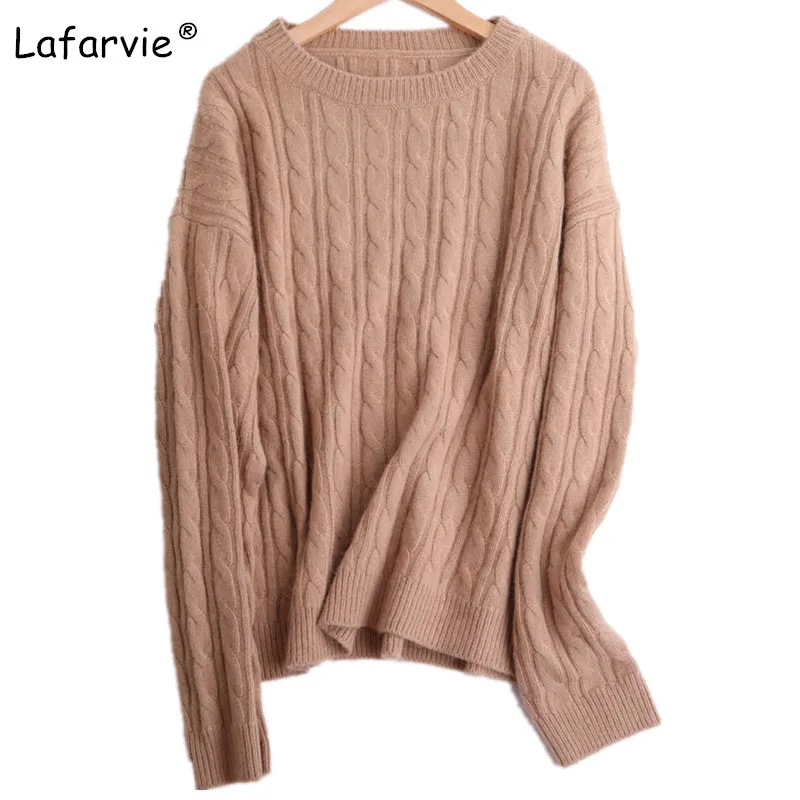 Lafarvie New Elegant Knitted Cashmere Sweater Women Tops Autumn Winter O-neck Loose Thick Pullover Female Casual Warm Pull Femme