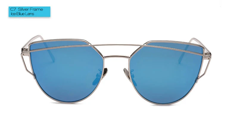 Винтажные Солнцезащитные очки с кошачьими глазами для женщин, фирменный дизайн, подходят для большинства типов лица, зеркальные солнцезащитные очки, розовое золото, женские оттенки, очки «Lunette» - Цвет линз: C7 Silver Blue