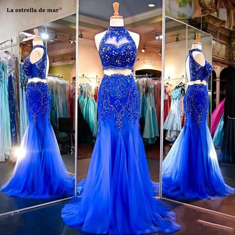 

High Neck Two Pieces Evening Dresses Mermaid Royal Blue Beaded Crystal Prom Gowns 2019 Summer OPen Back Applqiues Party Gowns
