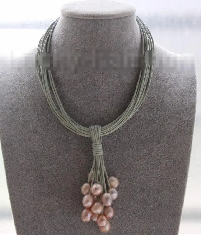 

Hot sale new Style >>>>>Choker 16" 14mm pink-purple pearls gray leather necklace magnet clasp