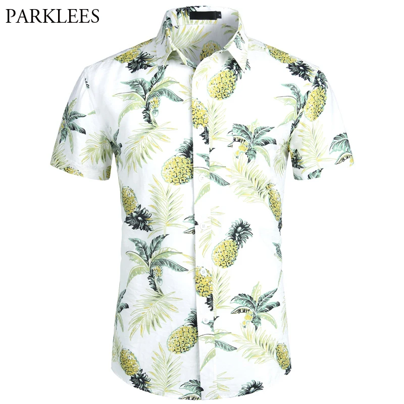Белая рубашка с изображением ананаса Для мужчин летние шорты рукавом Для мужчин s Beach гавайская рубашка Повседневное Гавайские рубашки Chemise