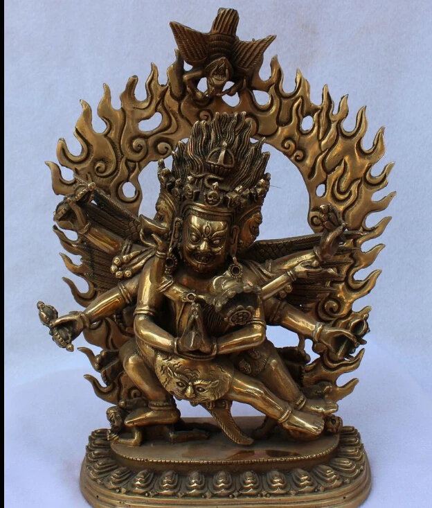 

10" Chinese Brass 3 Head 6 Arms fierce Mahakala Wrathful Deity Buddha Statue