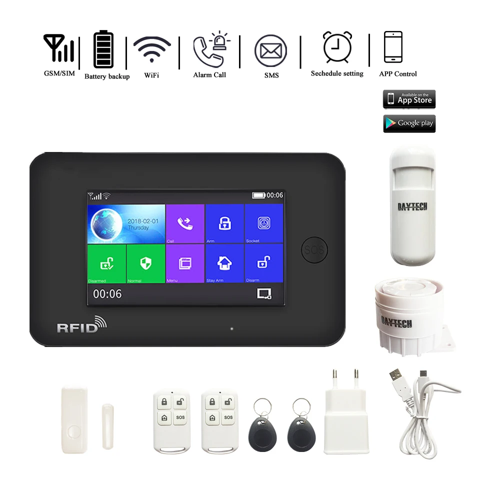 DAYTECH WiFi GSM Alarm Security System LCD Color Touch Screen Wirless Home DIY GSM System 8 Language Motion Detector Fire Sensor