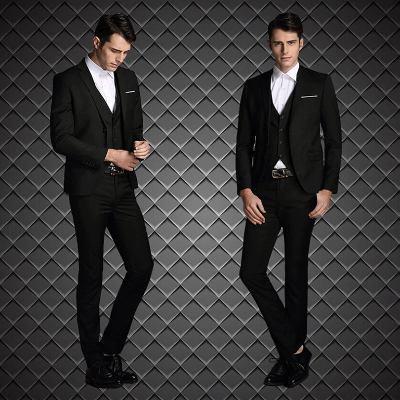 New Style Groom Notched Lapel Three Pockets One Button Three Piece Suits Male Business Casual Solid Color (jacket+pants+vest)