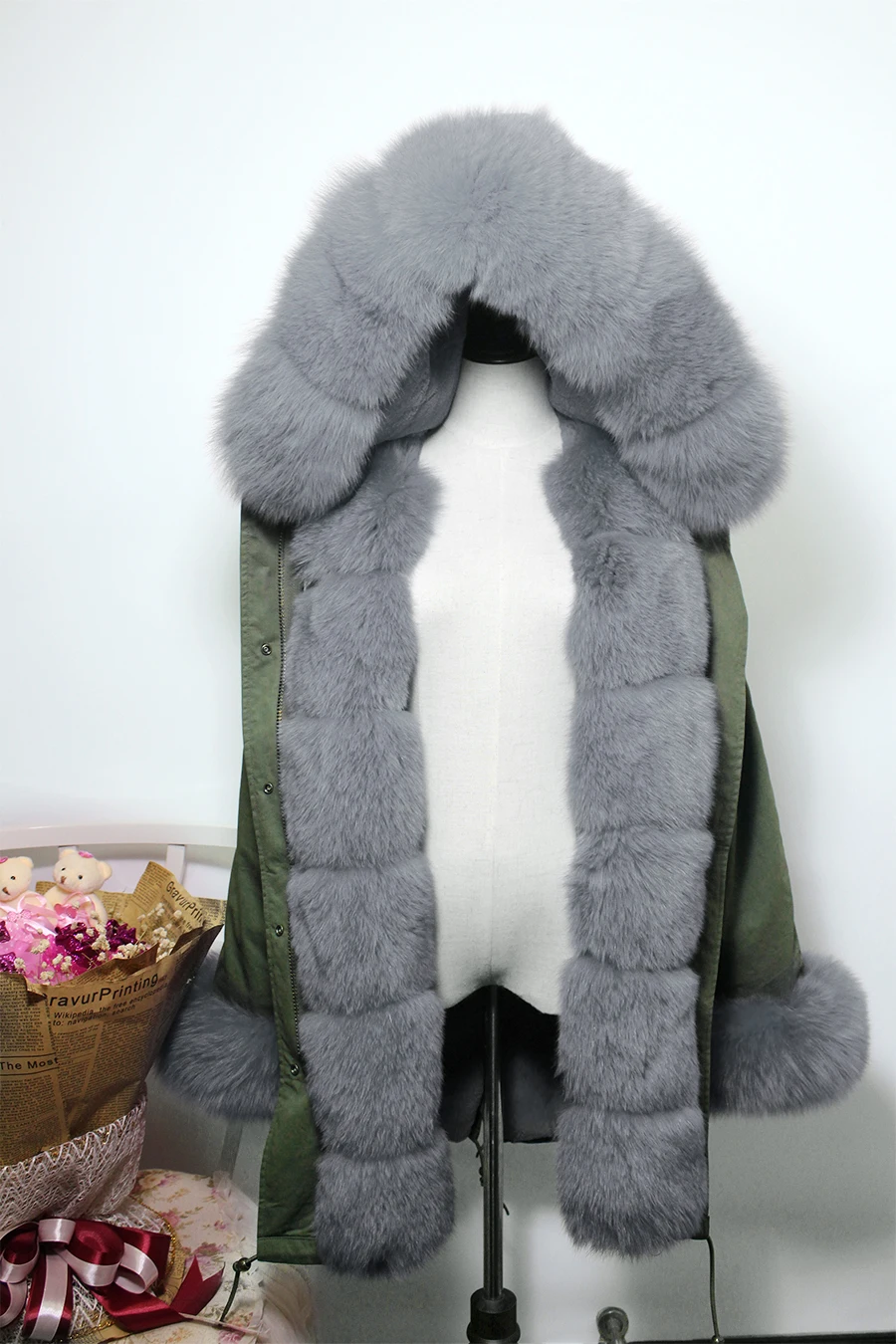 Vert Femmes yellow red Renard De Réel Longue Parka Avec Dark Armée Lapin Patte beige Manteau wine Rex Pj6007 pink Fourrure orange Green Doublure rose black Modèle Capot white dark gray Qiuchen brown blue Blue Et SOgq77
