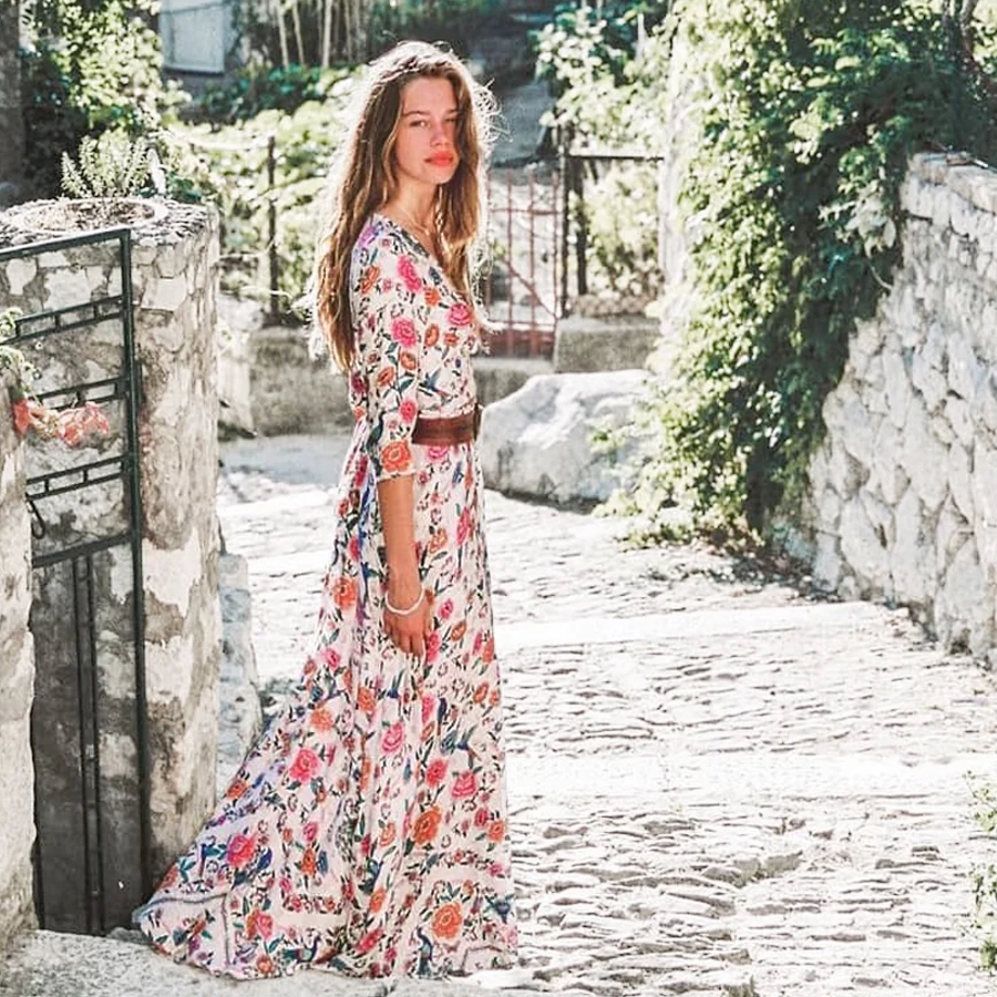 

TEELYNN Boho long dress 2018 floral print cotton sexy v-neck 3/4 sleeve wrap dress maxi women dress chic bohemia summer dresses