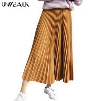 

Uwback Women Pleated Skirts Vintage Elegant Skirt Elk Skin vestido Femme 2017 New Autumn Winter Velour Skirt Long, EB418