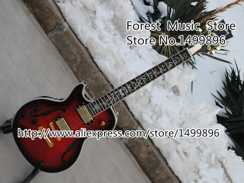 

New Arrival Vintage Red Tiger Flame Hollow Body Left Handed Suneye LP Sup. Electric Guitars With Floral Inlay