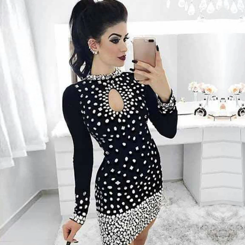 

Adyce 2019 New Winter Women Bandage Dress Sexy Long Sleeve Luxury Mini Beading Club Dress Vestidos Celebrity Evening Party Dress