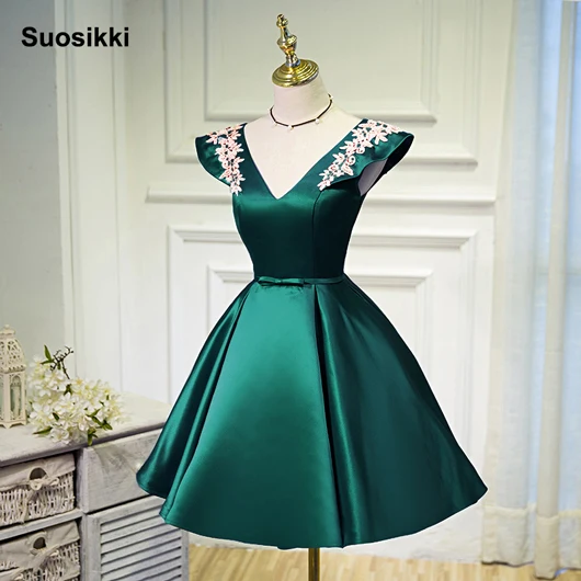 Suosikki/вечерние платья, расшитые бисером и блестками; Vestidos; короткий рукав; Vestido De Renda; черное атласное кружевное вечернее платье; короткое - Цвет: Зеленый