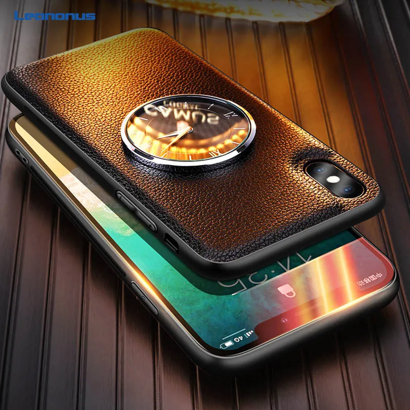 

For iPhone 7 X 8 Plus Case Luxury Litchi Grain Leather Watching Time Metal Clock Back Cover for iPhone XS Max XR Phone Coque