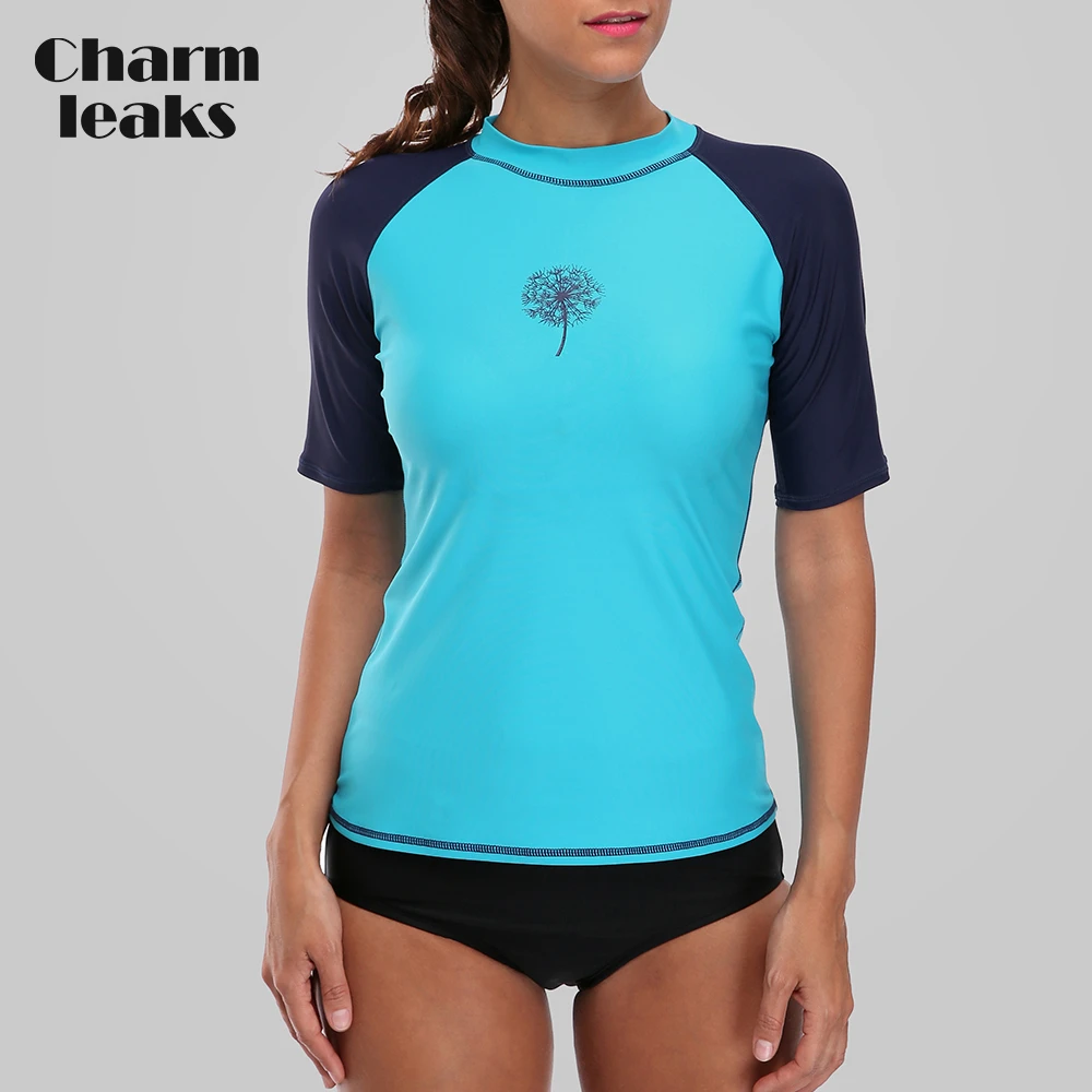 Charmleaks Women Short Sleeve Rashguard Swimsuit Surfing Shirts