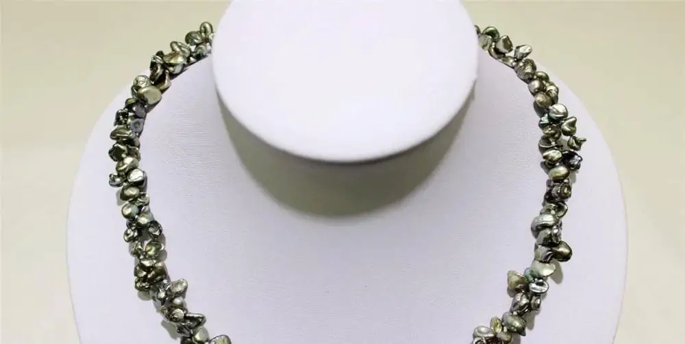 

Free shipping@@@@@ 2strands Green Beautiful keshi reborn pearl necklace 18INCH 6x8mm"handmade"Alloy a
