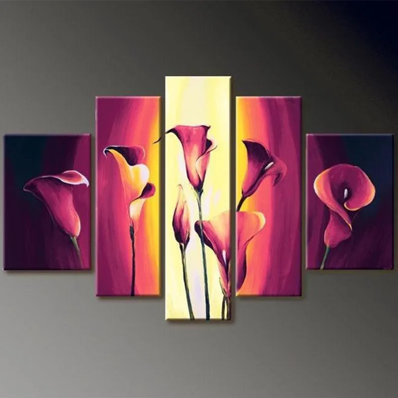 

Large Red Lily Flowers Pictures 5 Panel Floral Wall Painting Home Decor Art Hand-painted Abstract Flower Oil Paintings on Canvas