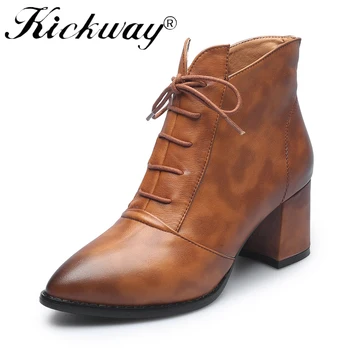 

Kickway Fashion boots 2017 spring autumn side zip ladies shoes med heels boots pointed toe lace up ankle boots for woman size 43