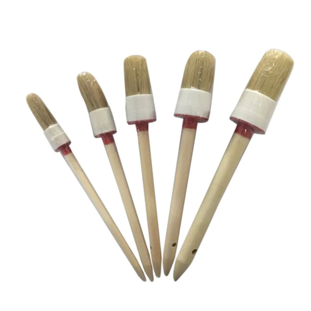 5PCS Car Wash Brush Cleaning Round Head Wood Handle Beige Faux Bristle