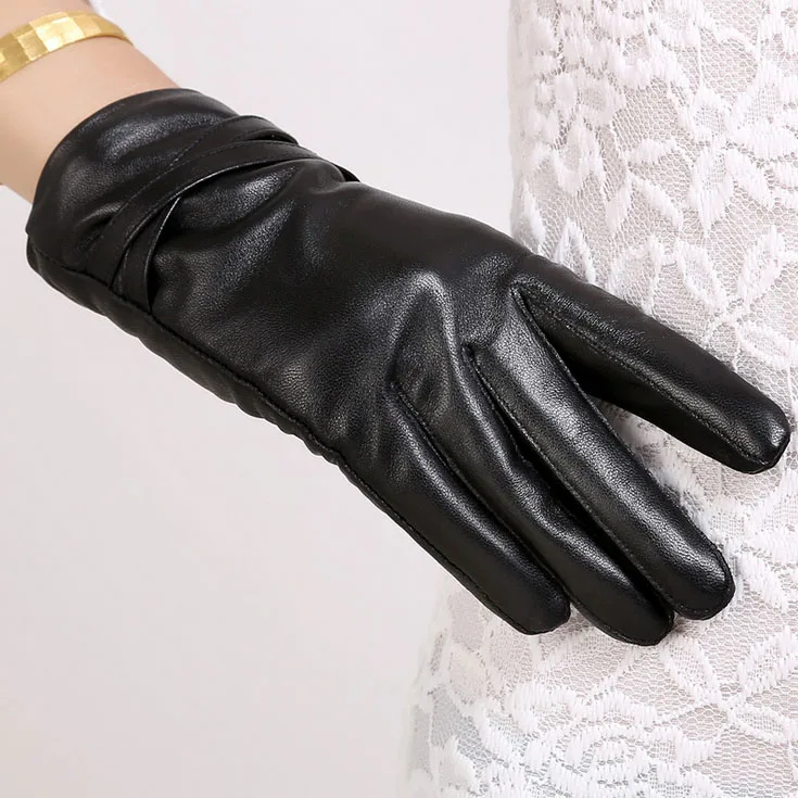 Women's Genuine Sheepskin Leather Gloves Fleece Lined Cross Bands Min