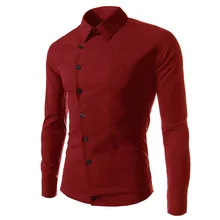 Мода г. Лето Весна Осень Базовая рубашка Бизнес Slim fit однотонная повседневная обувь косой кнопки мужские рубашки