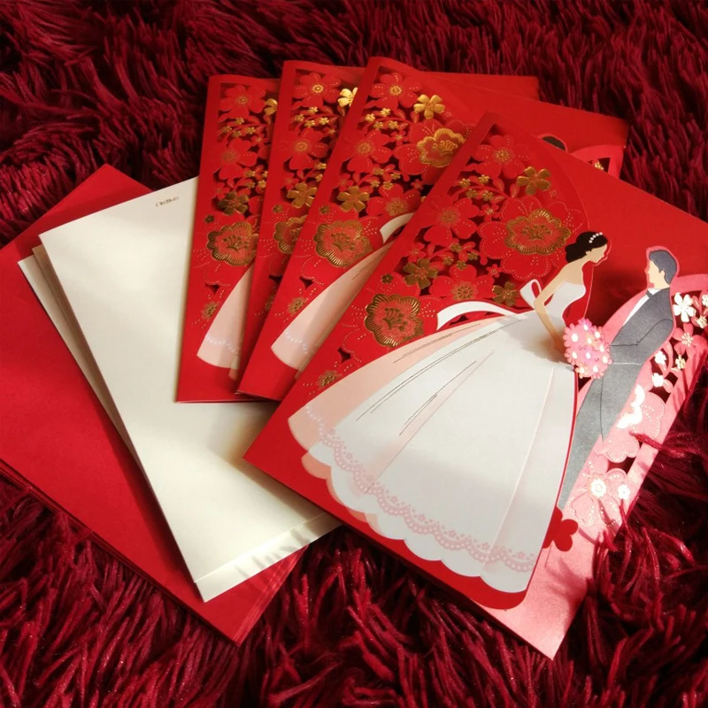 Новинка, свадебные приглашения в китайском стиле, 5 шт, красная лазерная резка, пригласительные открытки для жениха и невесты, свадебные украшения
