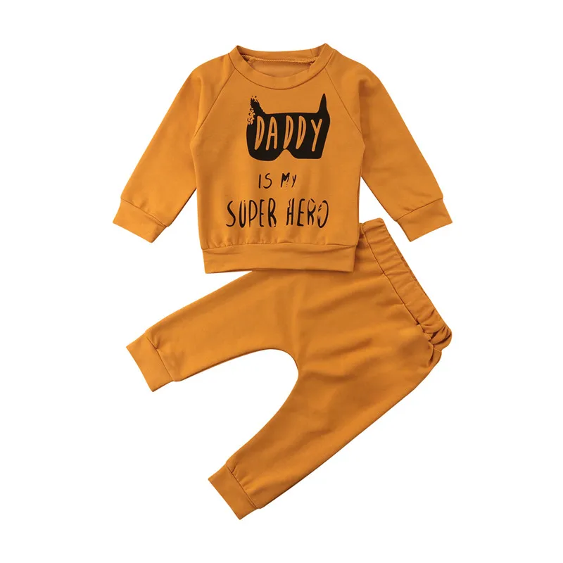 Толстовки с капюшоном с принтом «Daddy Is Super Hero», комплекты одежды для маленьких мальчиков и девочек детский хлопковый топ+ длинные штаны, комплект из 2 предметов