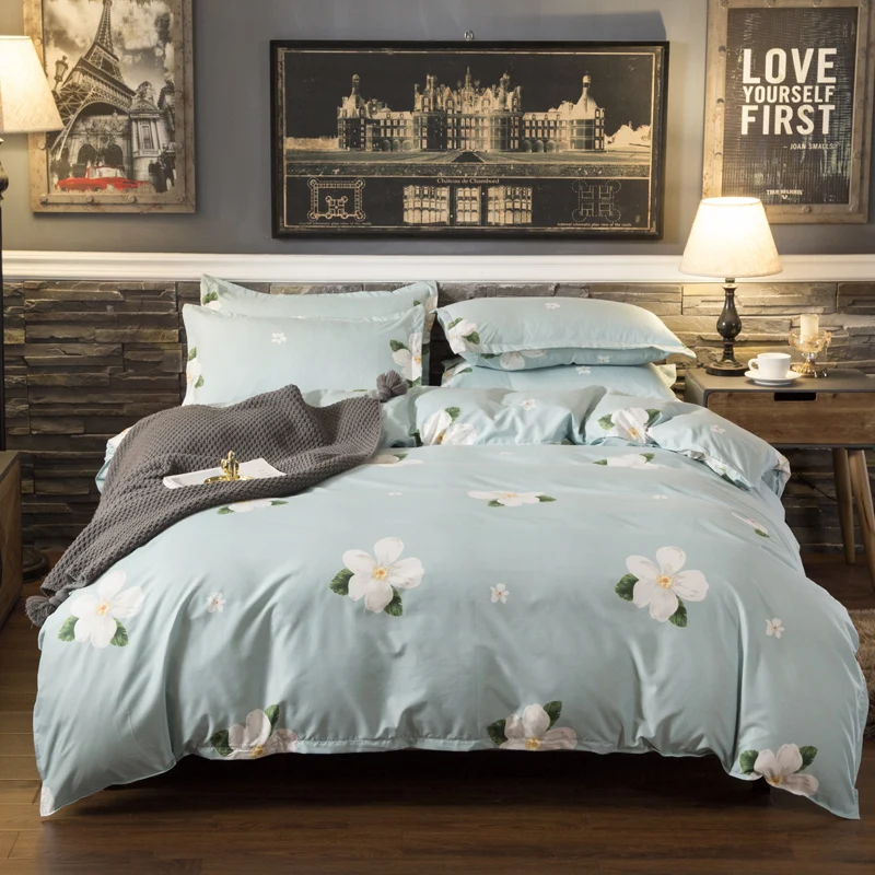 

Light green with white flower design fresh style bedcover linen bedding full bedding bed sheets cover lit king bed sheet set