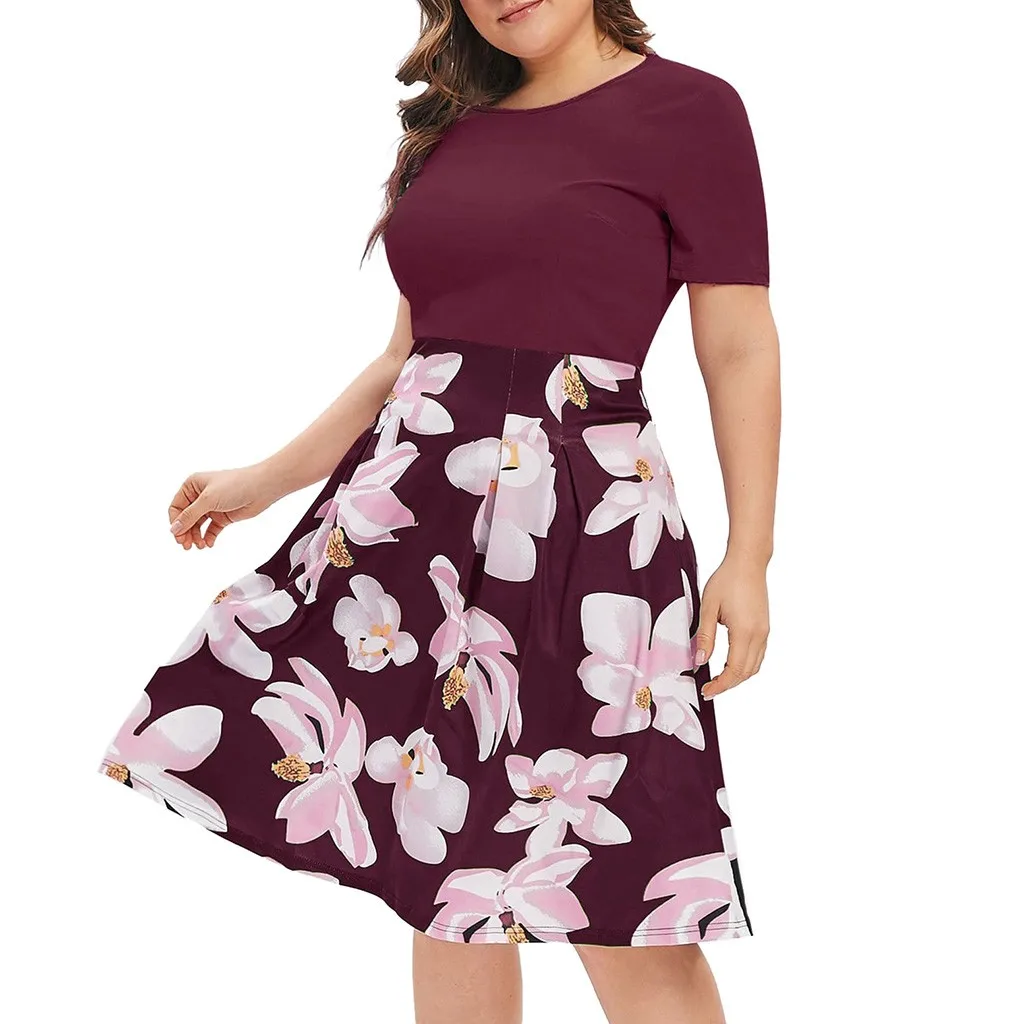 

Sexy Plus Size Women Bohemian Dress Short Sleeve O Neck High Waist Vintage Floral Print Midi Sundress For Ladies Pleated Vestido