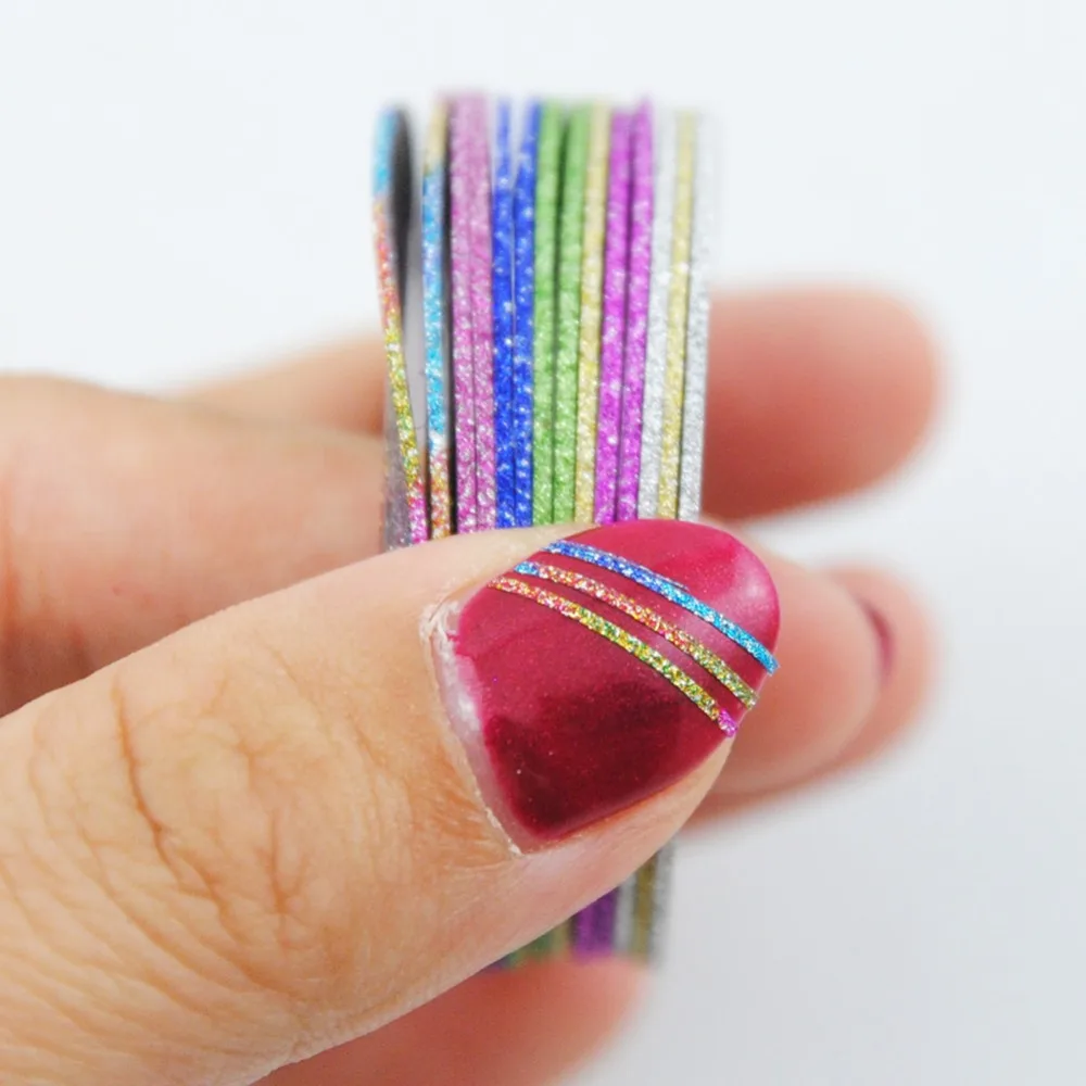 14 шт. рулонов наклейки для ногтей лента линия 1 мм полоски чередование украшения для Типсы для маникюра искусство клейкая наклейка с блестящими блестками