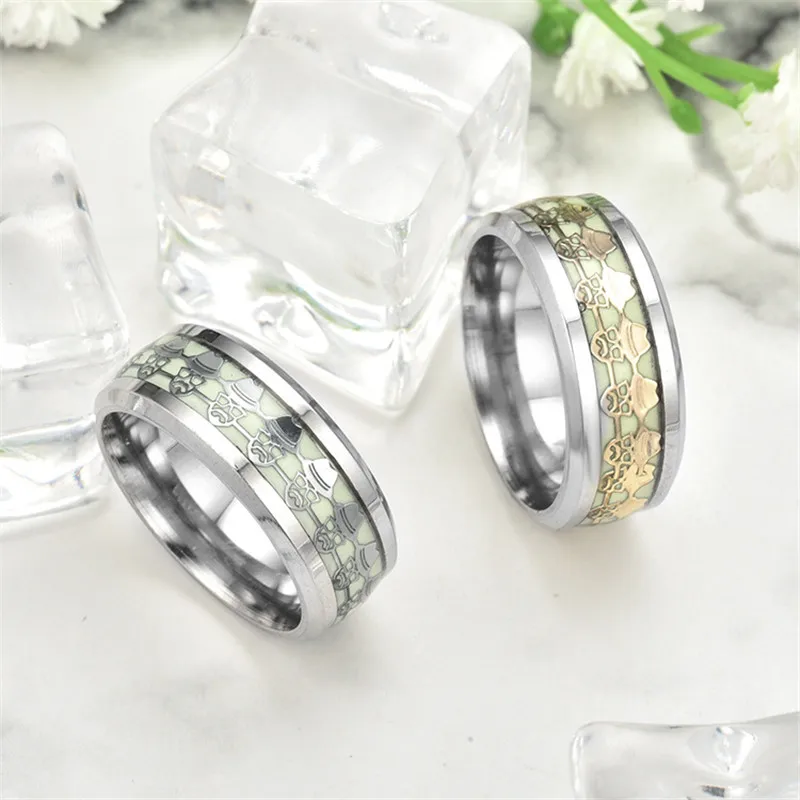 Modyle Green Glow in the Dark Stainless Steel Skeleton Wedding Band Luminous Ring for Woman Man