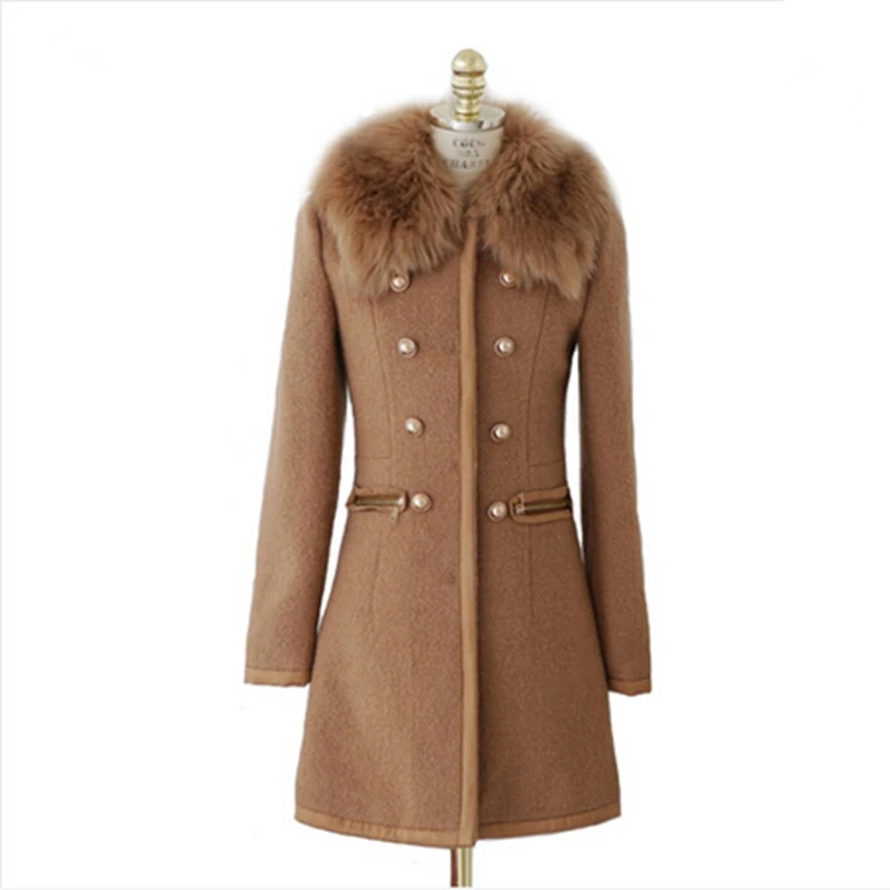 YJ Модный зимний теплый женский элегантный плащ Nexk из искусственного лисьего меха, модное Шерстяное приталенное пальто, Женское пальто цвета хаки, бежевое