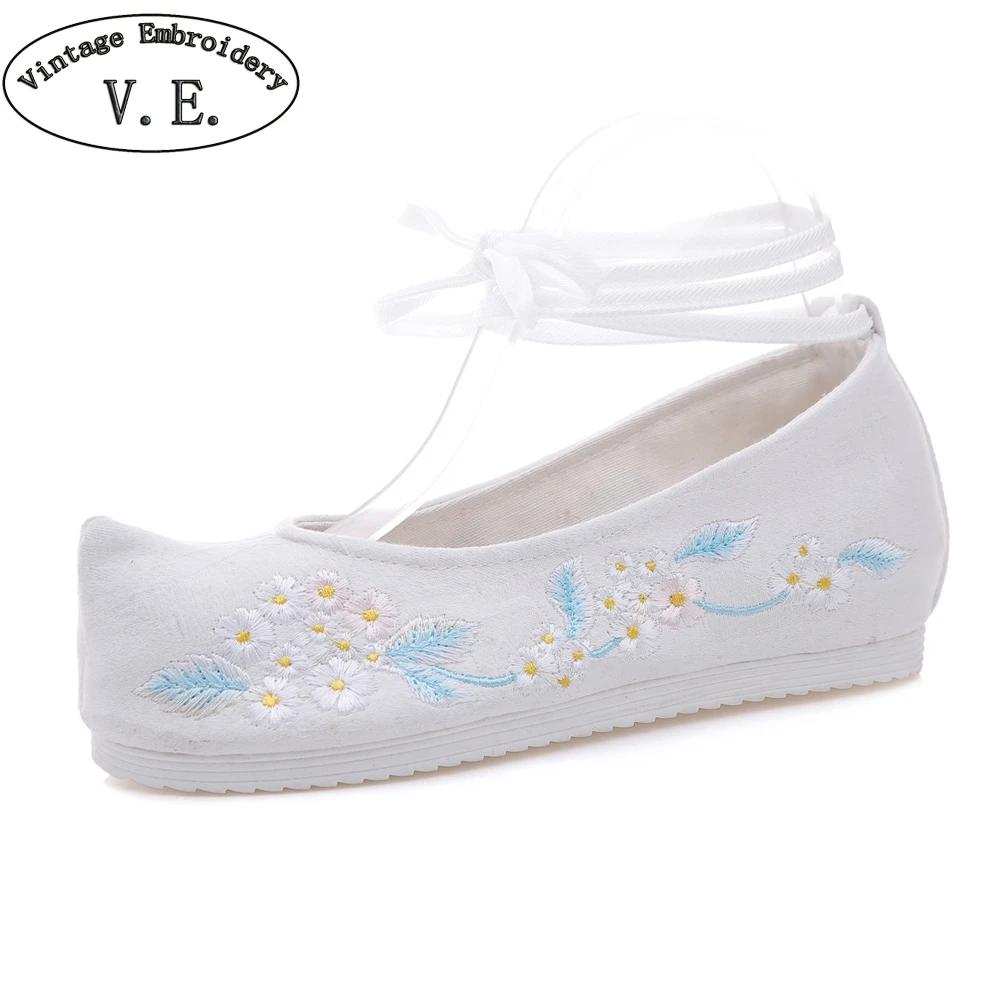

Vintage National Women Flats White Cotton Fabric Lace Up Shoes Woman Chinese Retro Ethnic Shallow Flat Shoes Zapatillas Mujer