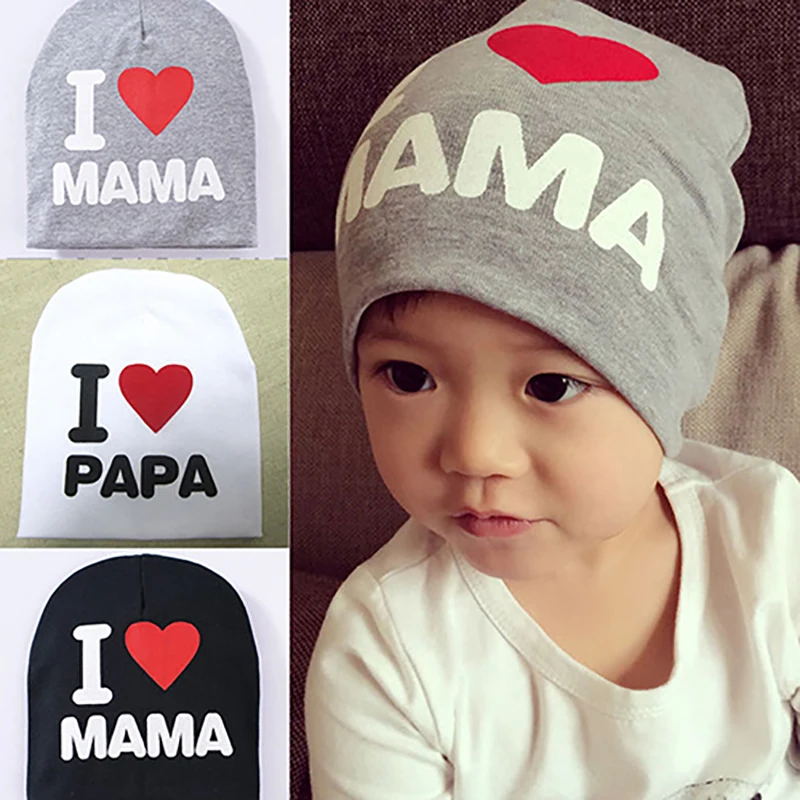 Мягкая теплая вязаная шляпа с принтом I Love Papa Mama хлопковые шапки для мальчиков и