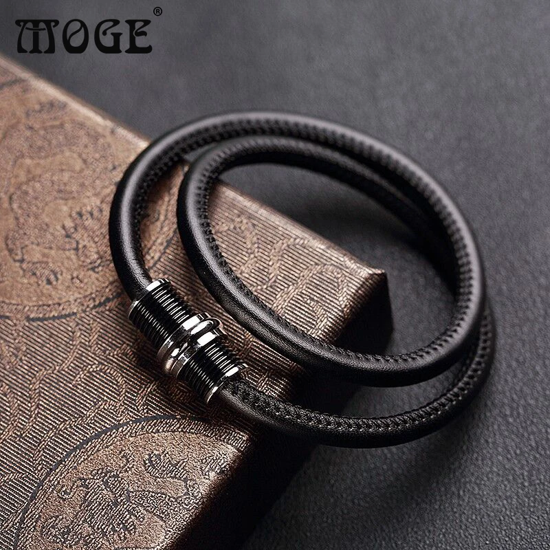 

MOGE Fashion Jewelry Men Bracelets Double Layer Genuine Leather Stainless Steel Bracelets & Bangles Male Female Jewelry