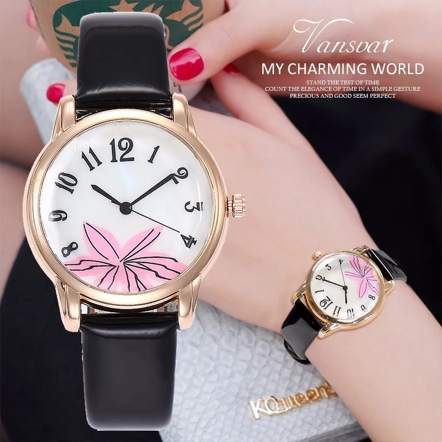 Новая мода vansvar бренд Для женщин розы часы Роскошный кожаный ремешок кварцевые часы розовое золото Кристалл часы Прямая доставка
