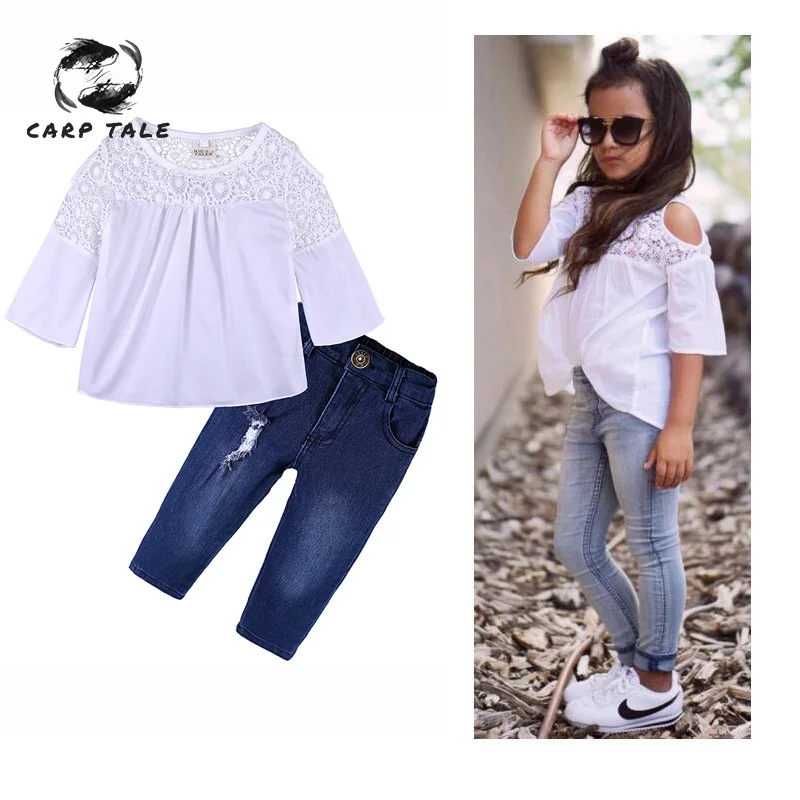 

2019 spring fashion girls new white shirt jeans suit white lace long-sleeved shirt + pants two-piece clothing baby clothes girl