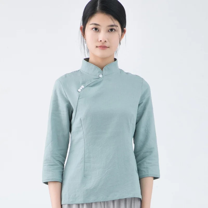 Чайный тонкий Чонсам хлопковый модный костюм в китайском стиле куртка со стоячим воротником чайный сервиз с рукавом семь - Цвет: Sky Blue
