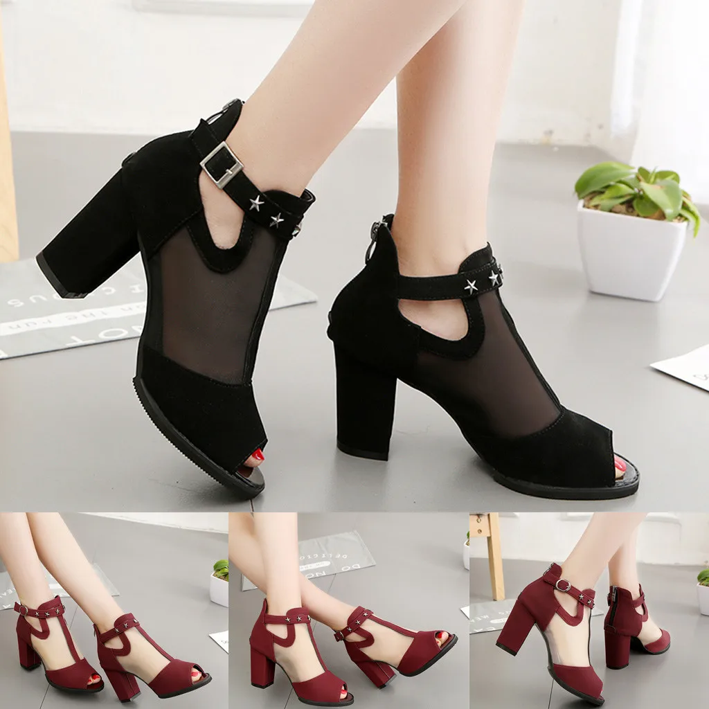 

ONTO-MATO Famous Brand Women's Wild Open Toe Buckle Mesh High Heel Thick Heel Shoes Fish Mouth Sandals Dropshipping Sandalen