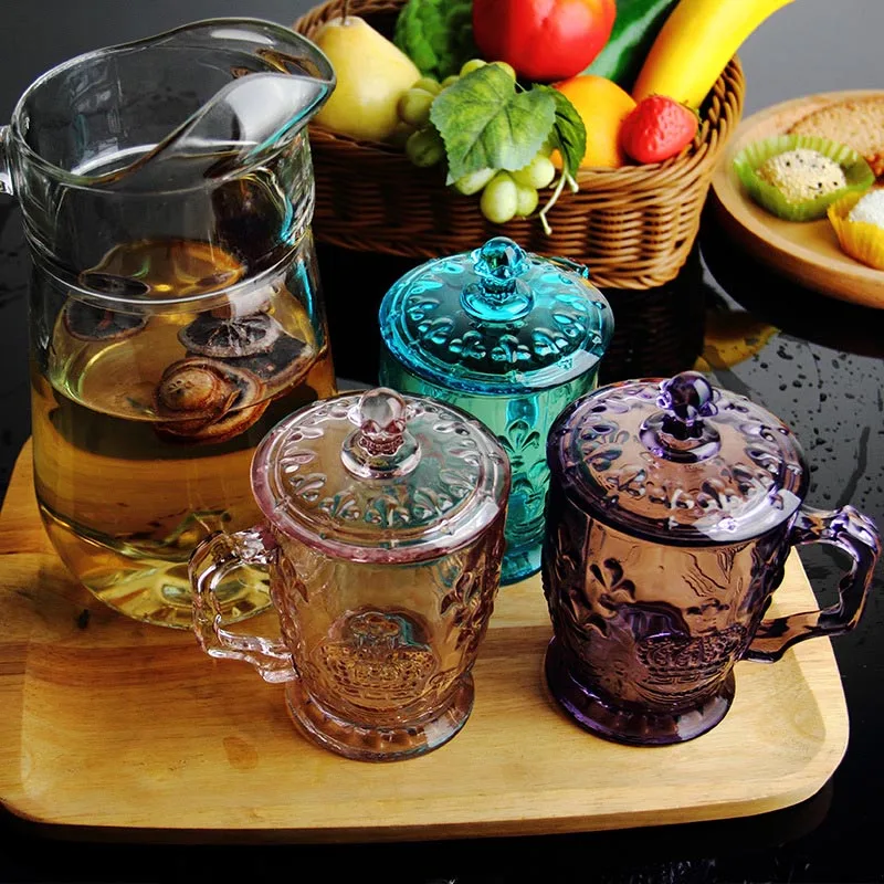Тисненая модная стеклянная чашка с ремешком, стеклянная крышка для домашнего использования, не содержит свинец, Хрустальный цветок, чайная чашка с короной, тисненая стеклянная крышка, кружка, чашка