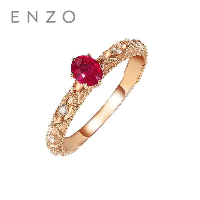 

ENZO Natural Gemstone Jewelry 0.26Ct Ruby Ring With 0.05 Ct Diamond Real 18K Rose Gold Princess Engagement Ring