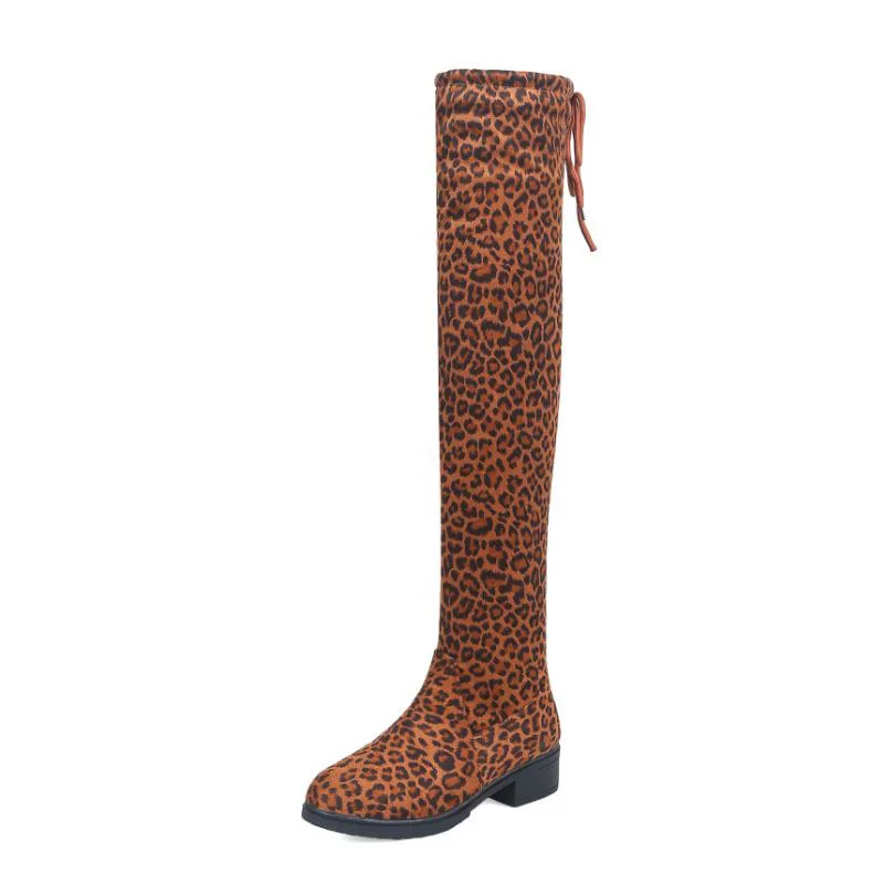 Taoffen/Новинка года; женские эластичные ботинки; модная леопардовая обувь на плоской подошве; Сапоги выше колена; эластичная женская обувь; размеры 34-43 - Цвет: yellow leopard
