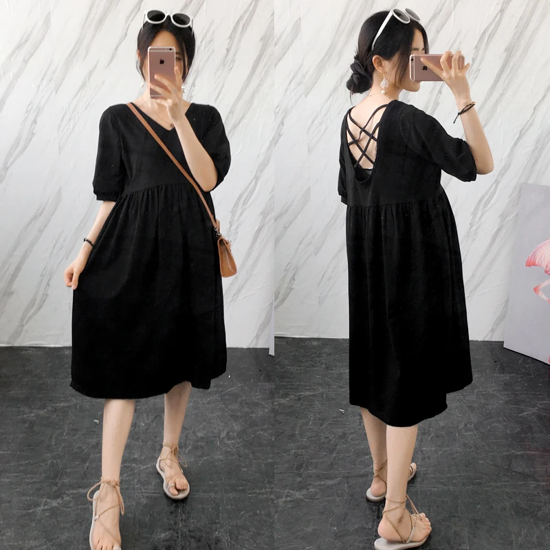 

Pregnant women V-neck black dress fashion pregnancy tide hot mom mother-to-be pregnant clothes out casual dress
