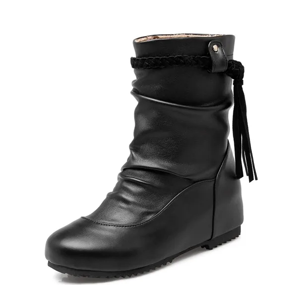 Botas Mujer/зимние ботинки; большие размеры 34-52; новые женские ботинки с круглым носком и пряжкой; Повседневная модная теплая зимняя обувь на каблуке; 504 - Цвет: Черный