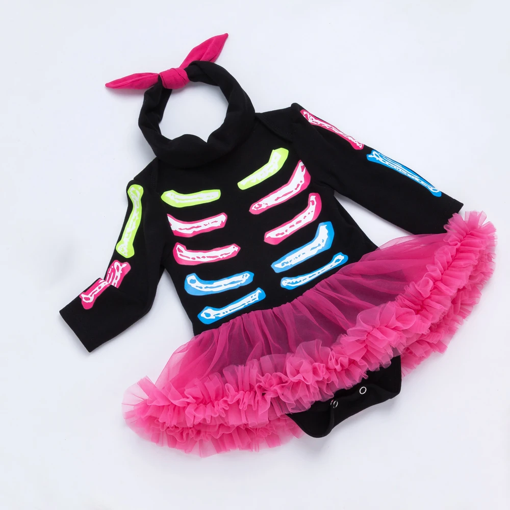 

Cheap Cotton Halloween Girls Dresses for Newborn Babies Skeleton Fluorescence Colorful Pattern Kids Clothes Tulle Ruffled Dress