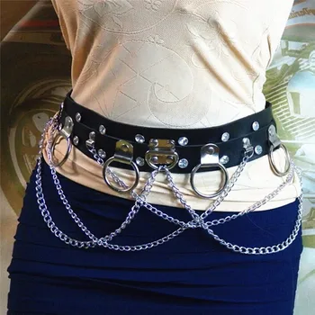 

Handmade Leather Metal Link Waist Belt Harness Punk Circle Chain Waist Belt